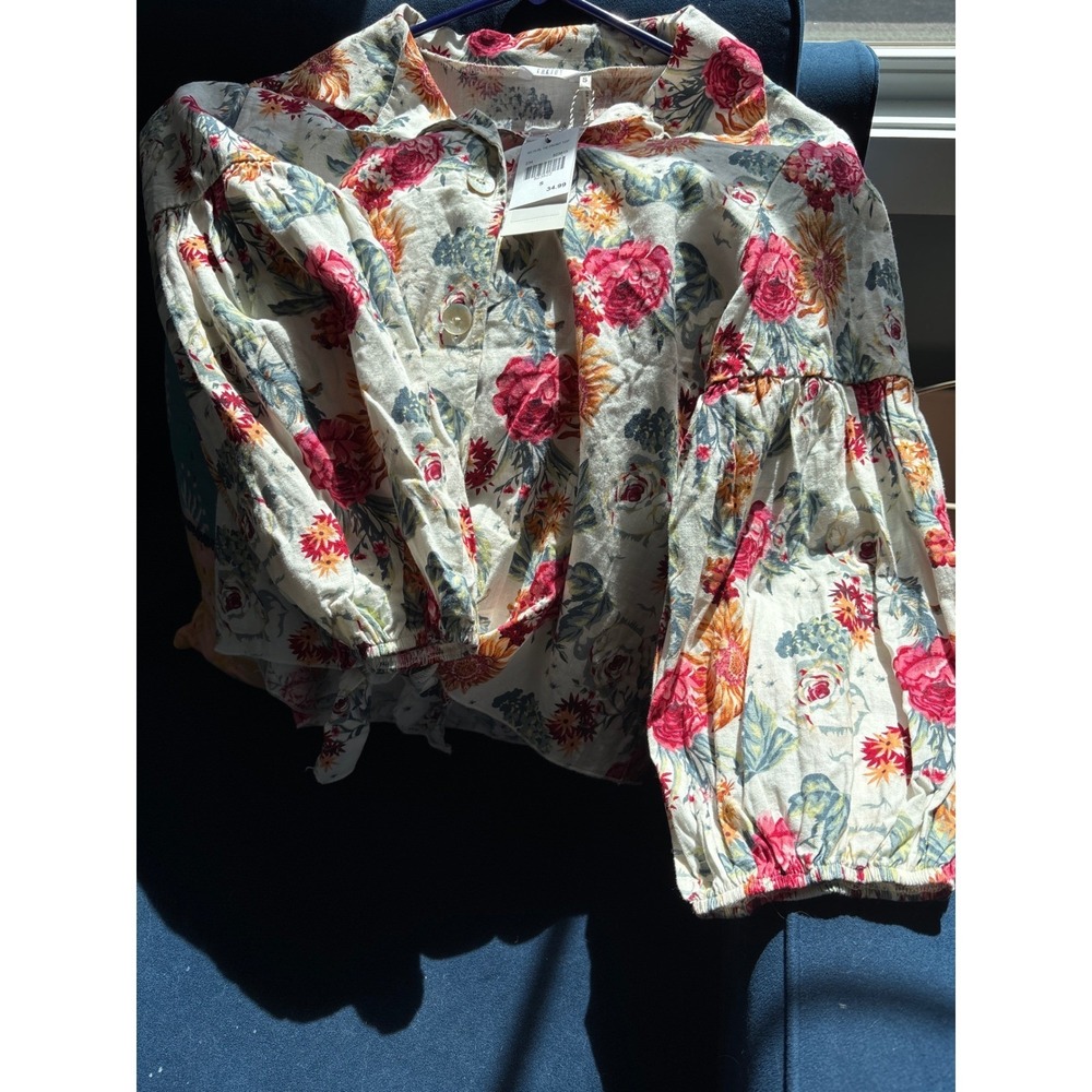 Kaktus Womens Floral Tie Front Top Button Down Puff Sleeve Blouse White Pink S - Picture 5 of 9
